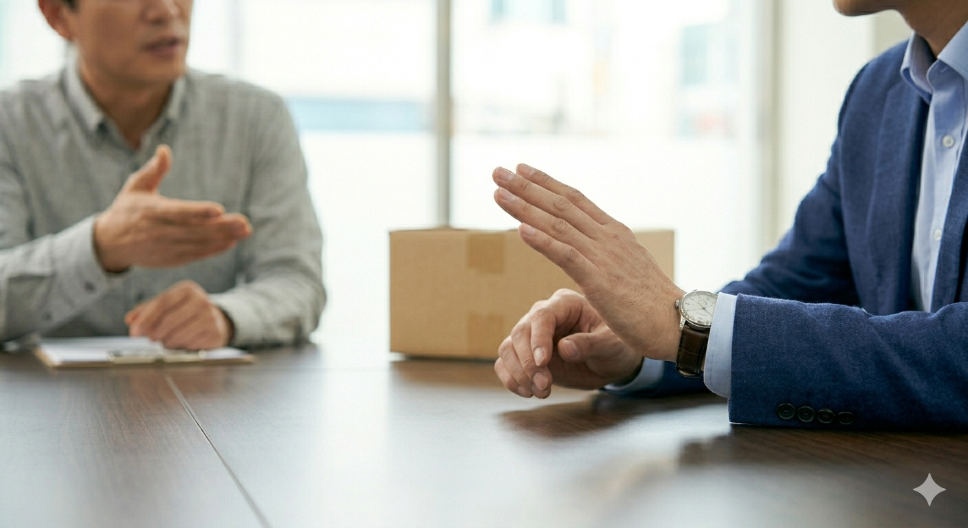 "A businessman in a video conference with overseas buyers, confidently and professionally presenting his opinion while pointing at a tablet."