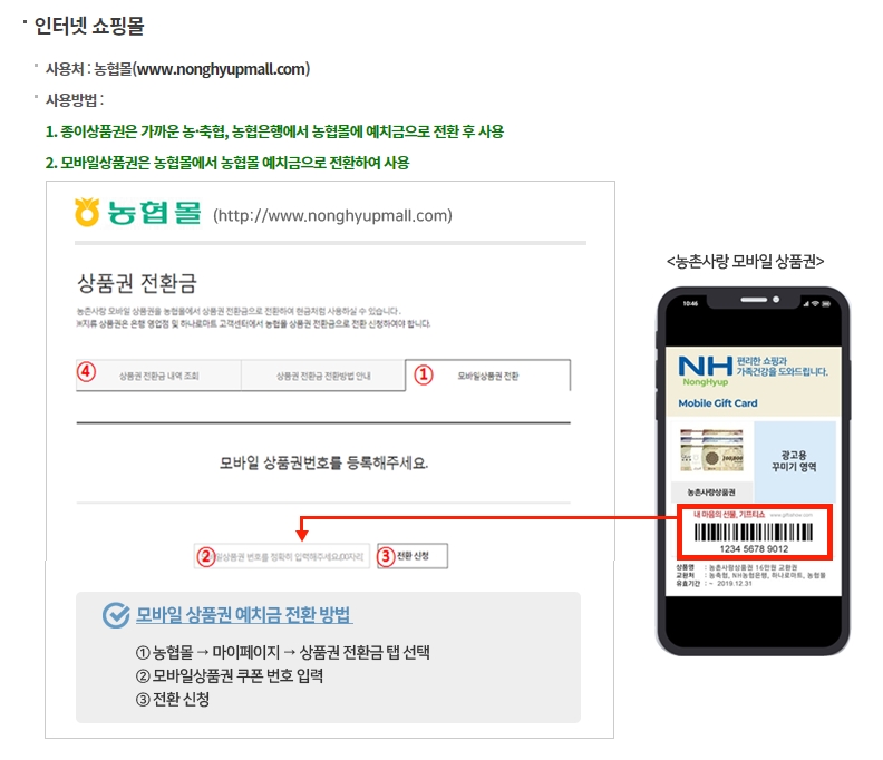 온라인 쇼핑몰 사용을 위해 종이 상품권을 예치금으로 전환하는 방법 안내