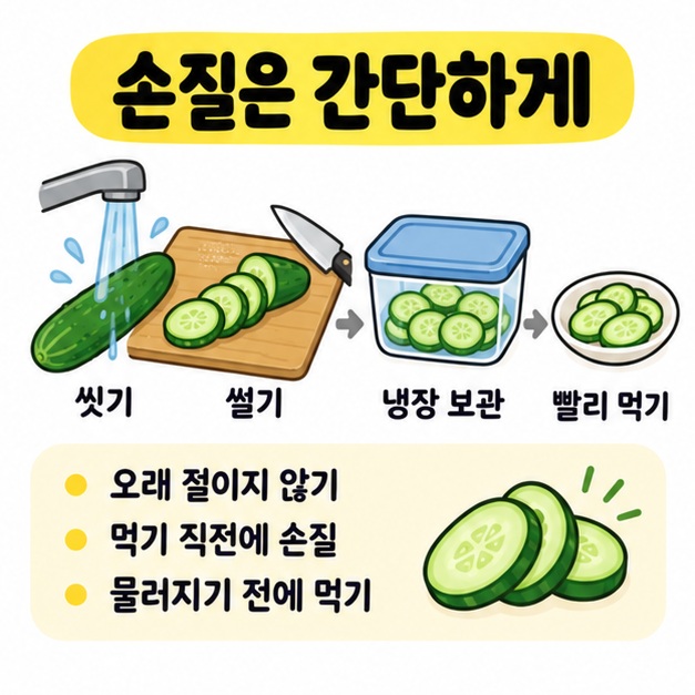 오이 세척과 썰기, 냉장 보관, 빨리 먹기를 체크리스트로 정리한 손질 카드