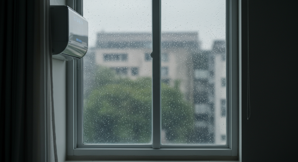 장마철 PVC 창문에 설치된 창문형 에어컨이 실내를 쾌적하게 유지하며, 외부에는 비가 내리는 모습. 누수 방지를 위한 깔끔한 설치와 실내의 뽀송함을 강조.