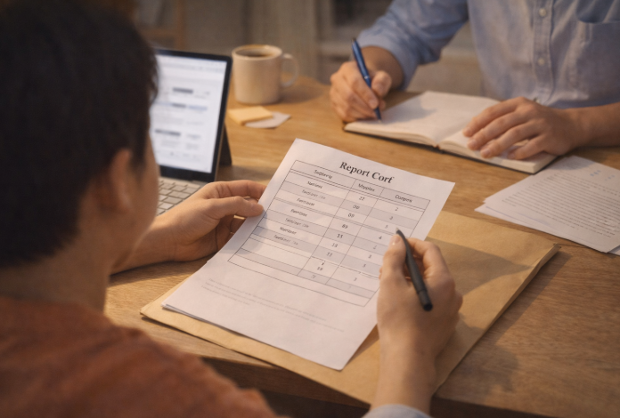 고등학생 장학금 정보를 검토하는 학부모가 성적표와 서류를 살펴보는 모습