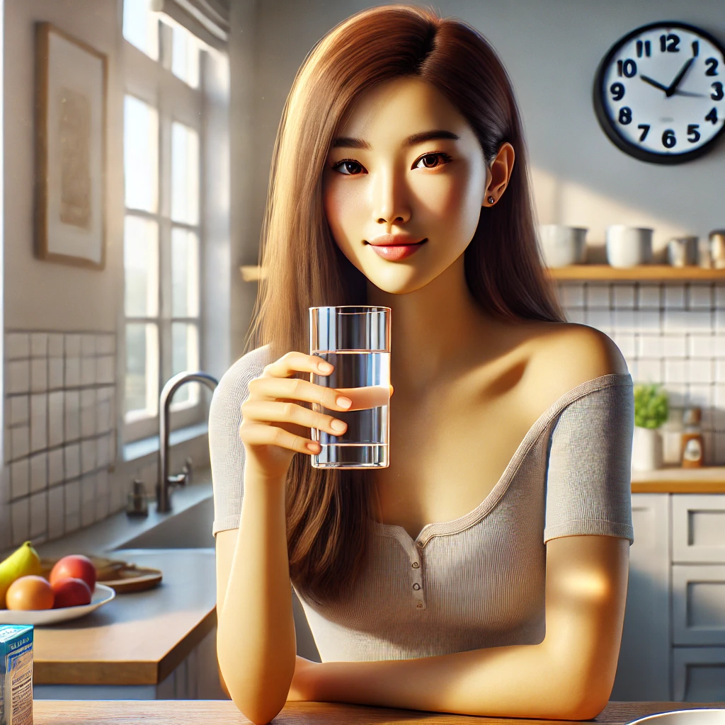 아침 루틴 만들기 긴 생머리 여성 물 마시기 시작