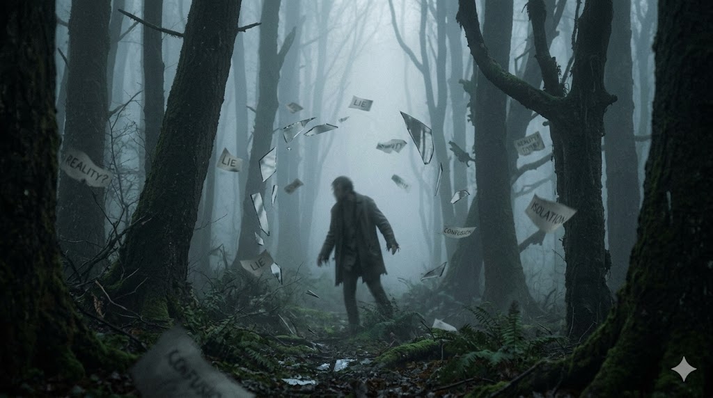 A figure stands in a dark, foggy forest, surrounded by shattered glass panels and suspended pieces of paper with the words 'LIE?', 'REALITY?', and 'CONFUSION' written on them, symbolizing the profound confusion and isolation of a gaslighting victim.