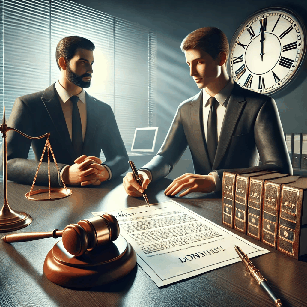 법률행위의 기본 요건을 나타내는 이미지로, 계약서 서명, 법 서적, 판사의 망치가 포함된 공식적인 법률적 장면