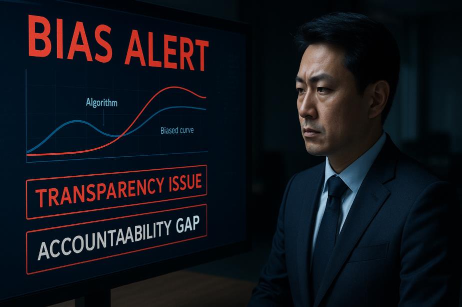 AI 편향과 투명성 문제를 경고하는 화면을 법무 전문가가 살피는 모습