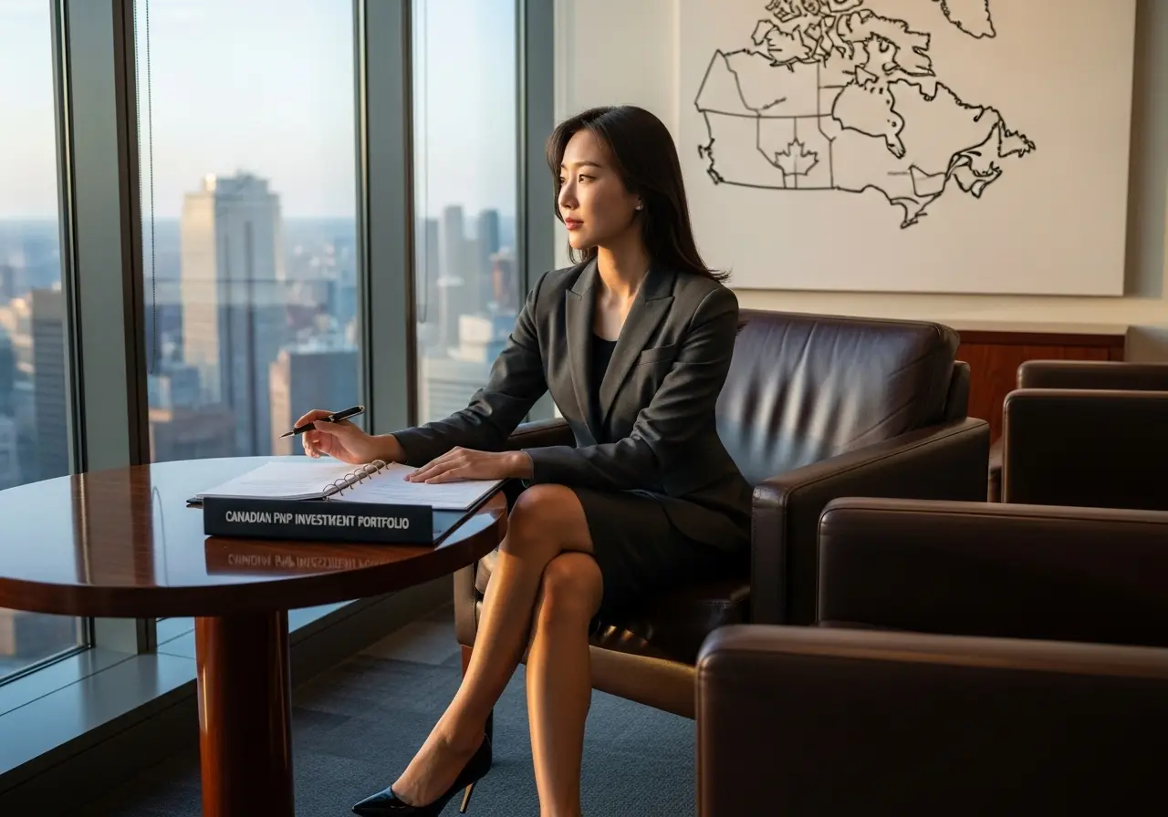프라이빗 뱅킹 라운지에서 정장 스커트 차림의 젊은 한국인 여성이 캐나다 지도를 배경으로, 투자 포트폴리오 문서를 검토하며 다음 단계를 구상하고 있다