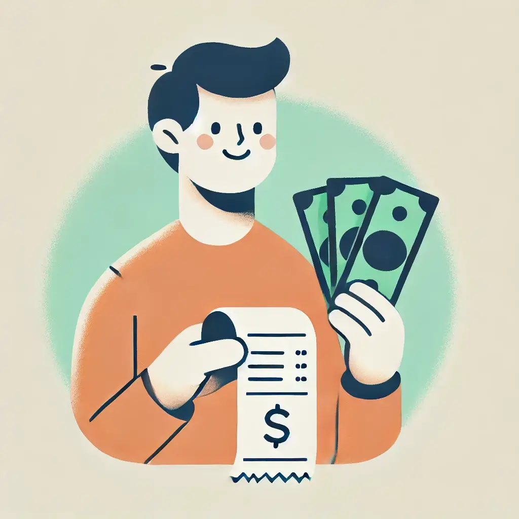 돈 환급을 받고 기뻐하는 남자의 일러스트.