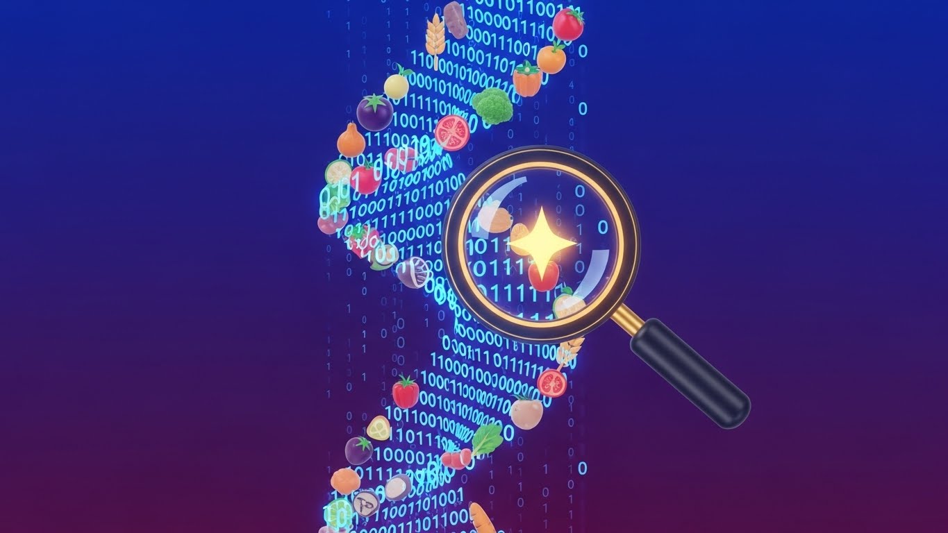 유전자 데이터와 영양 정보를 결합하여 개인별 최적의 건강 경로를 찾아내는 과정을 시각화한 3D 그래픽