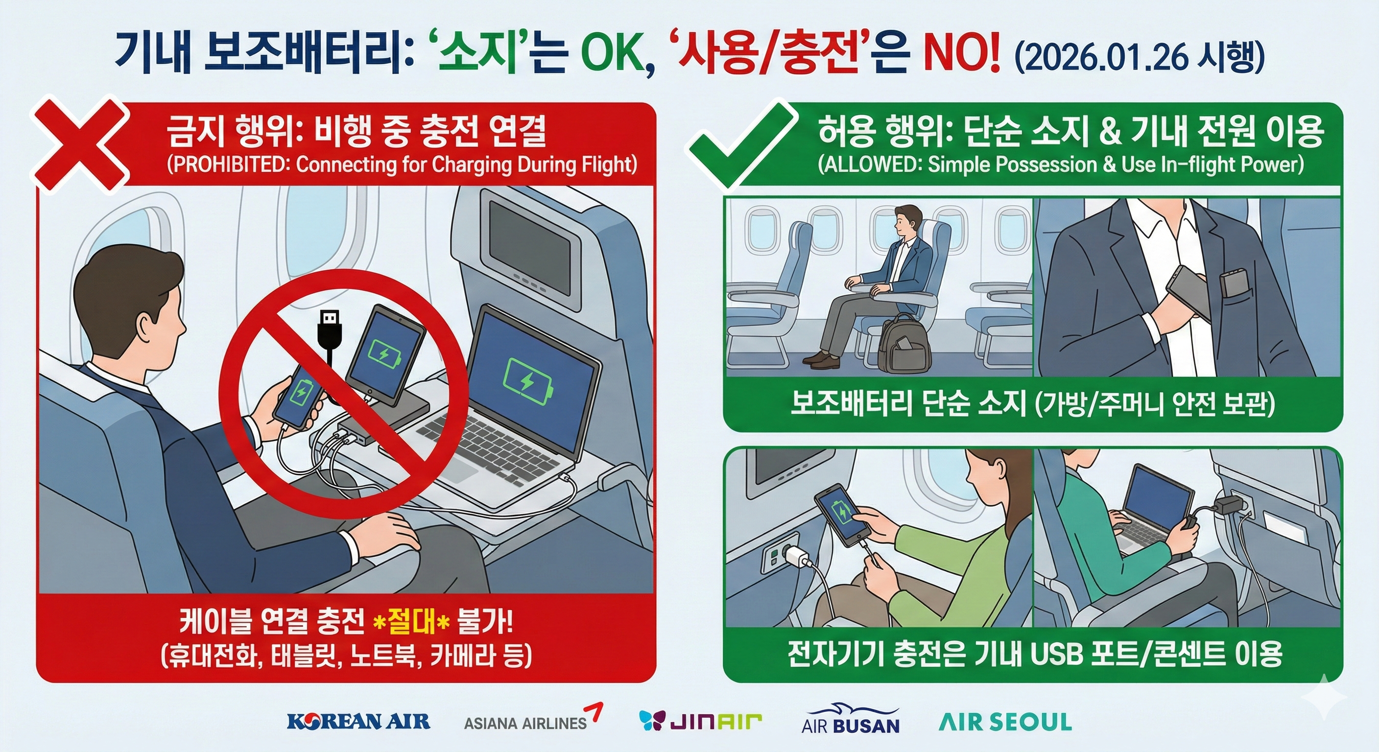 기내보조배터리 소지는 가능, 사용은 불가