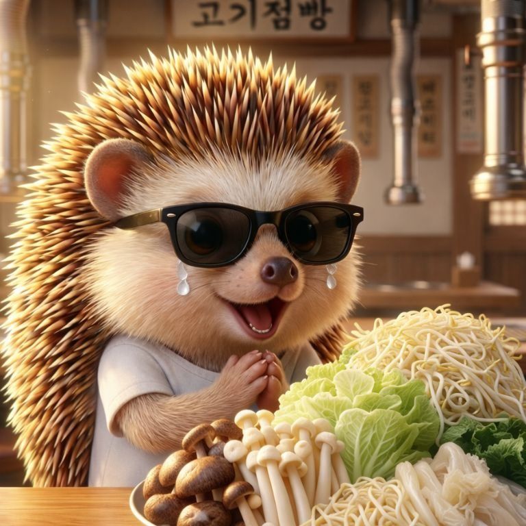 샤브에 넣을 야채를 한 가득 가지고 와서 행복해하는 도치의 모습