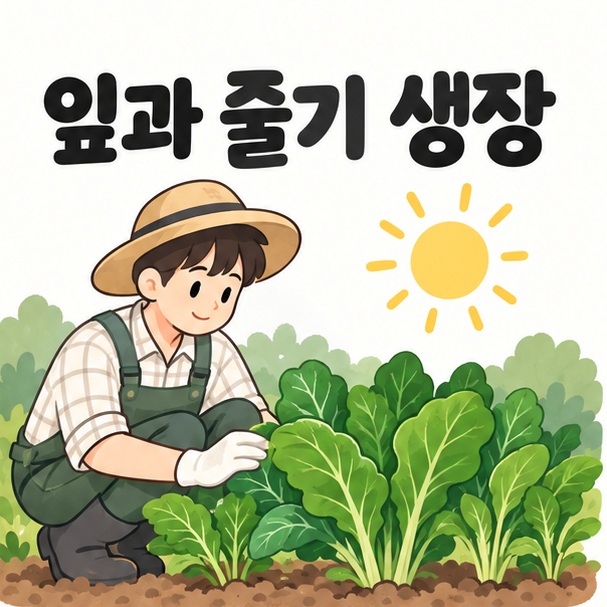 질소가 잎과 줄기 생장에 필요한 영양소임을 소개하는 작물 그림