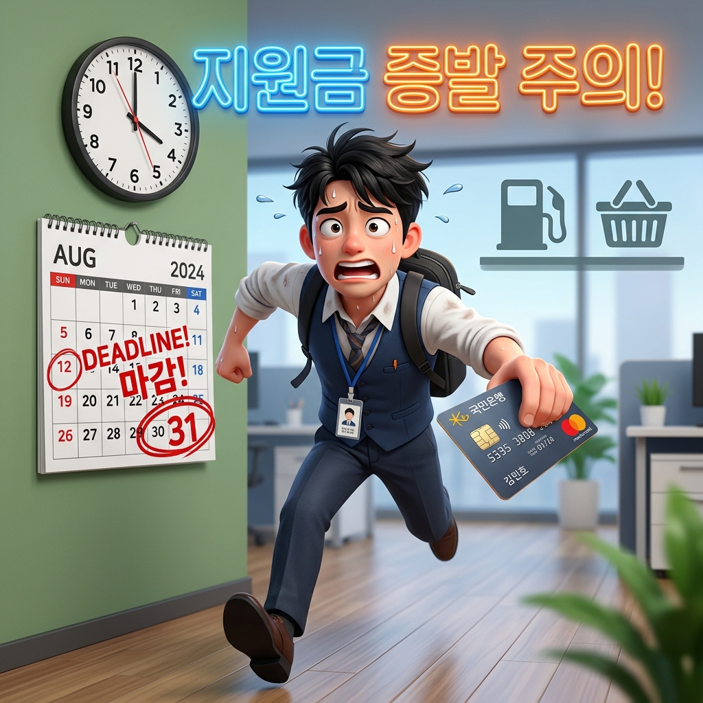 고유가 피해지원금 8월 31일 소멸을 앞두고 다급하게 카드를 들고 뛰어가는 직장인 캐릭터 썸네일