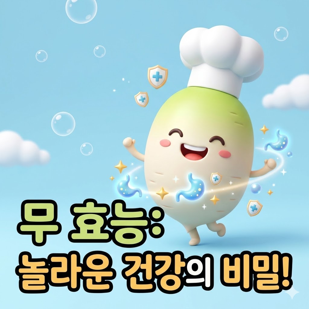웃는 무 캐릭터가 소화 효소와 면역 방패 아이콘에 둘러싸여 '무 효능: 놀라운 건강의 비밀!' 텍스트가 있는 3D 카툰 일러스트.