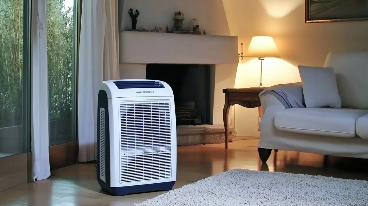 조용하게 작동하는 이동식 에어컨이 평온한 거실에 설치되어 편안한 분위기를 조성합니다.