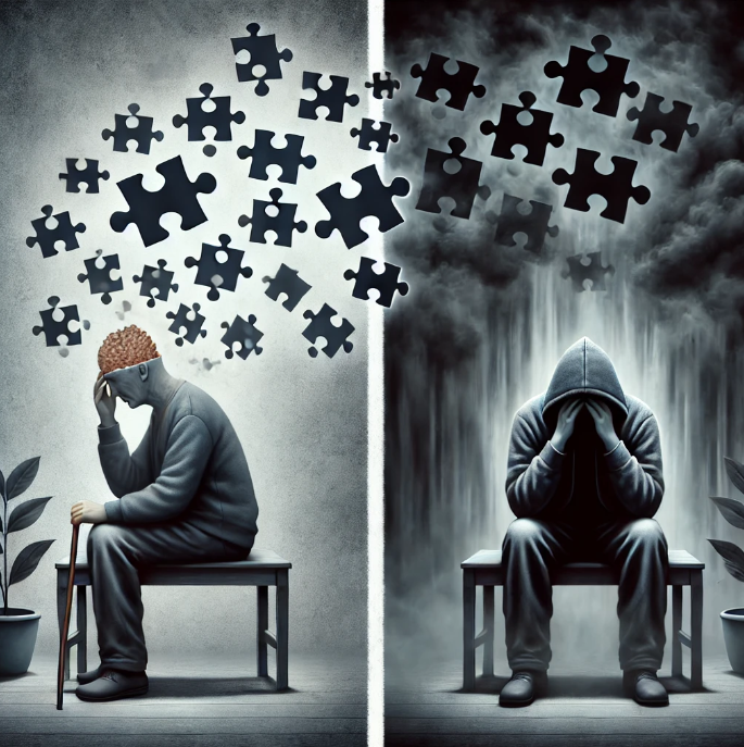 (좌)머리 주변에 퍼즐 조각이 떠다님 → 점진적인 기억 소실을 상징하는 치매의 이미지. (우)머리를 숙이고 어두운 방에서 앉아 있는 모습 → 심리적 고립과 절망감을 표현하는 우울증의 이미지