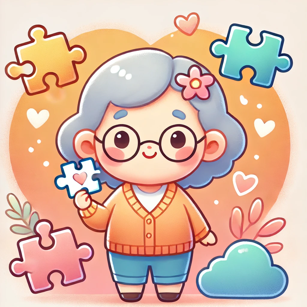 퍼즐을 맞추며 미소 짓는 할머니 일러스트