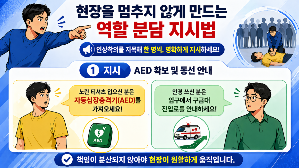 심폐소생술 현장에서 역할 분담과 AED 확보 및 구급대 동선 안내 장면