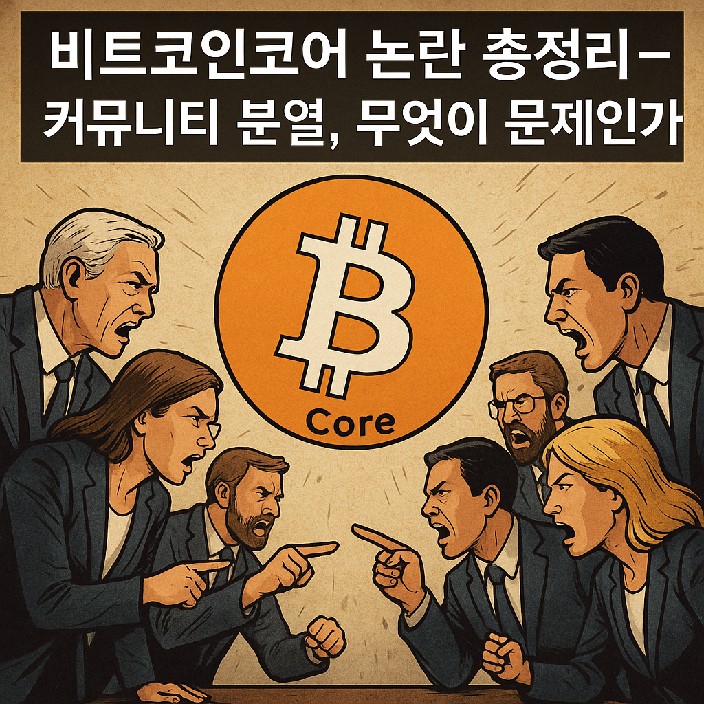 비트코인코어 커뮤니티의 분열을 상징적으로 표현한 찬반 토론 일러스트