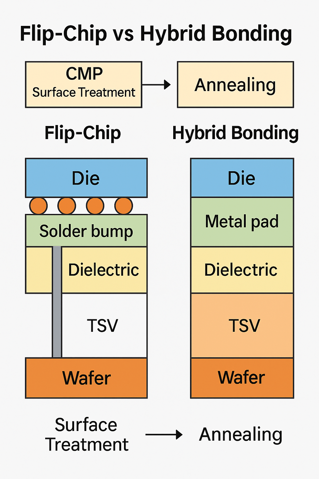 플립칩과 하이브리드 본딩 비교 – TSV, 금속 패드, 절연층 구조 및 공정 차이