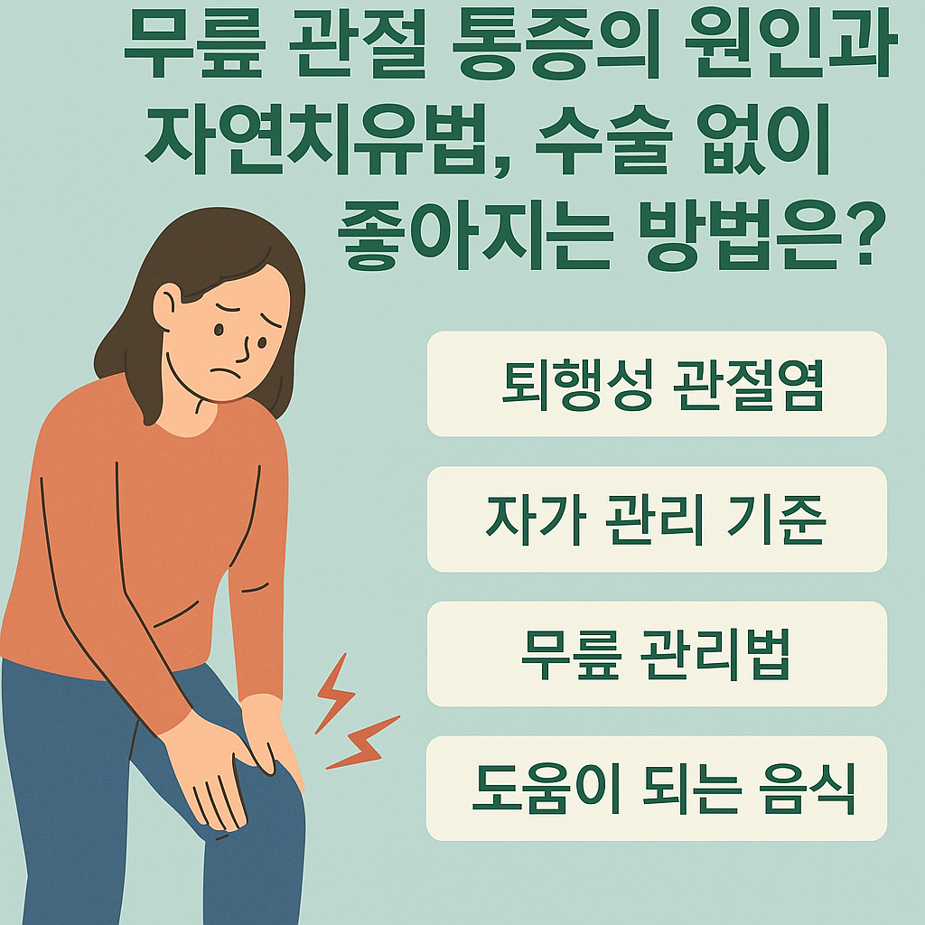 무릎 통증을 겪는 여성이 중심에 서 있고, 주변에는 무릎 건강 관리 방법, 식이요법, 운동법 등의 핵심 정보가 어두운 녹색 텍스트로 정리되어 있으며, 배경은 부드러운 청록색이다