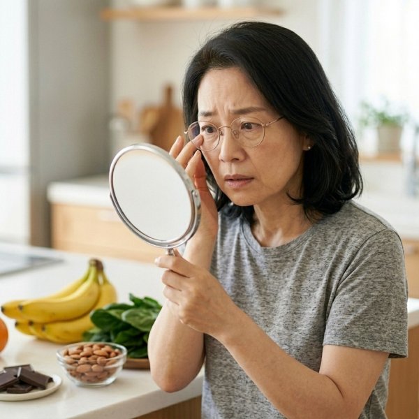 거울을 보며 눈 밑 떨림 증상을 걱정하는 여성과 마그네슘이 풍부한 견과류와 과일이 함께 놓여 있는 모습