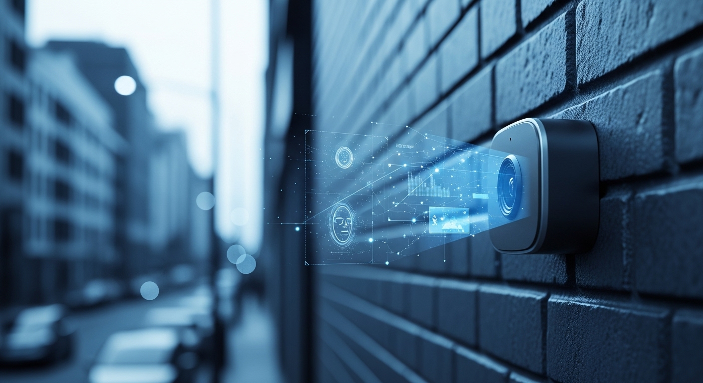 스마트시티에서 AI 기반 감시 카메라가 실시간으로 도시 안전을 모니터링하며 이상 행동을 감지하는 모습.