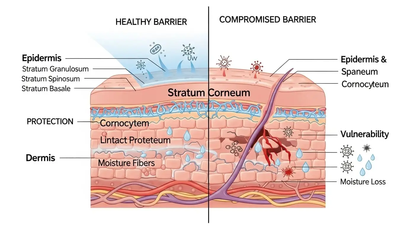 건강한 피부 장벽의 구조를 보여주는 그래픽 이미지, 피부 보호막의 중요성 강조.