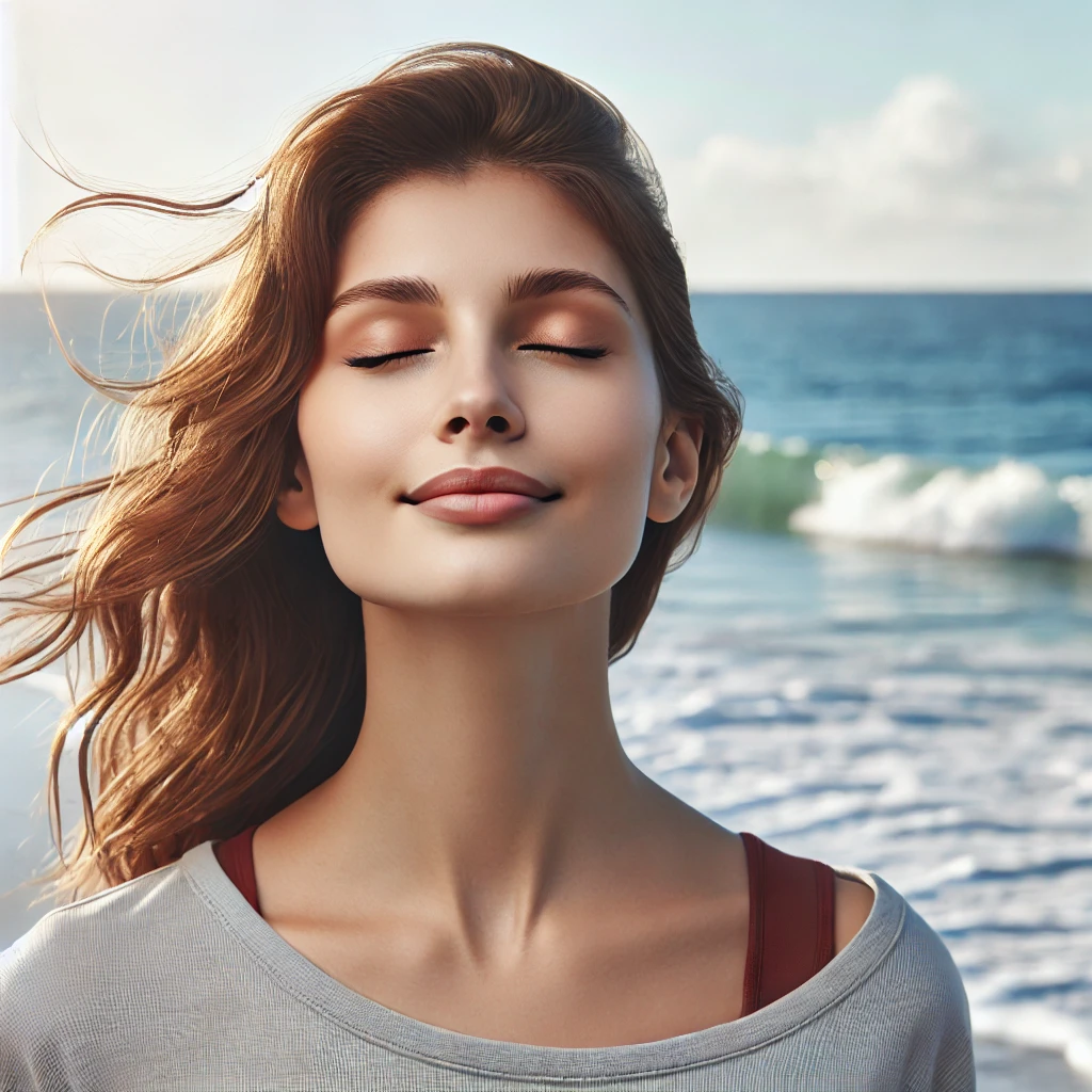 해변에서 바다냄새를 즐기는 여성사진