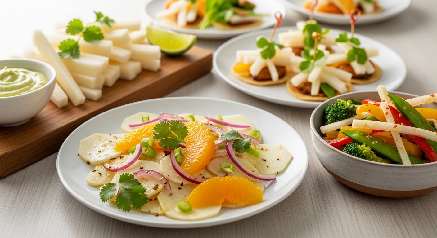 얇게 썬 히카마가 들어간 신선한 샐러드, 히카마 볶음, 딥 소스와 함께 놓인 히카마 스틱 등 히카마로 만든 다양하고 건강한 요리들.