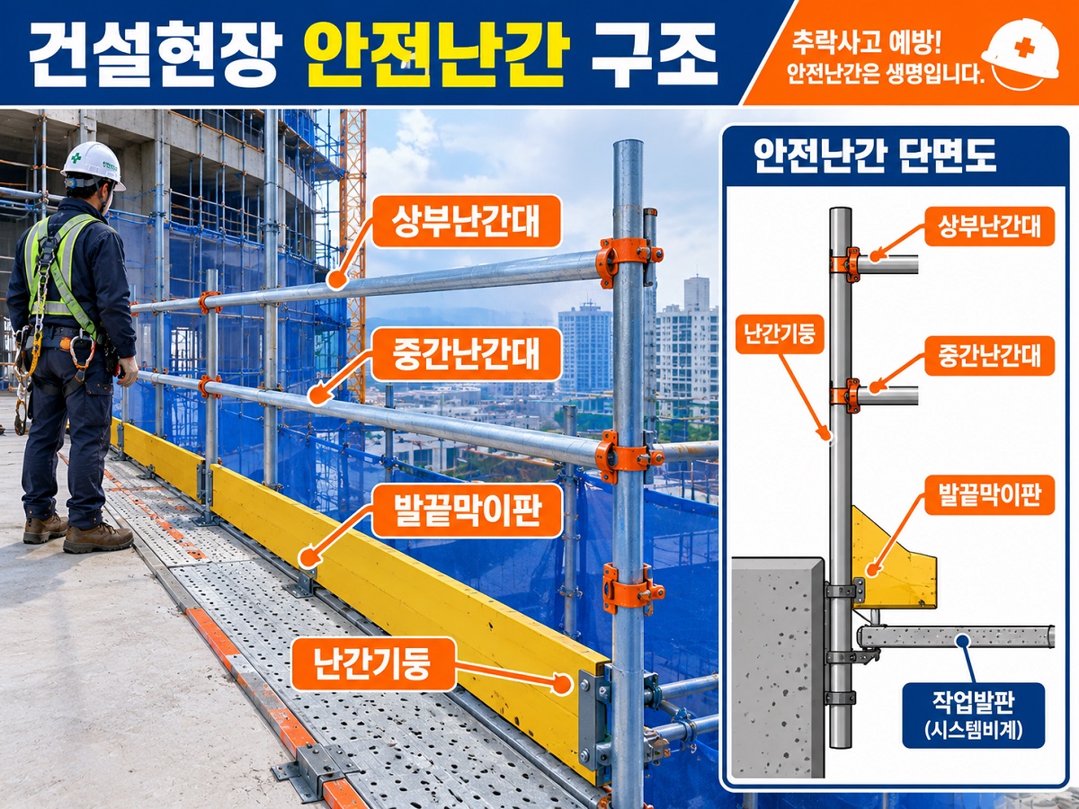 안전난간의 상부난간대, 중간난간대, 발끝막이판, 난간기둥 구성을 보여주는 설명도