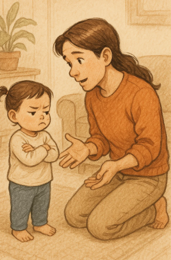 두 돌 아기가 싫어라고 말하며 거절하는 장면과 이를 공감하며 응시하는 부모