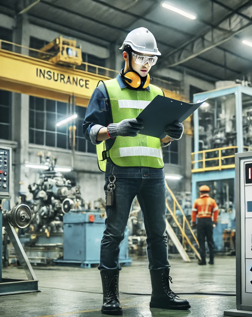 안전 장비를 착용한 공장 근로자가 보험 서류를 검토하고 있는 모습.