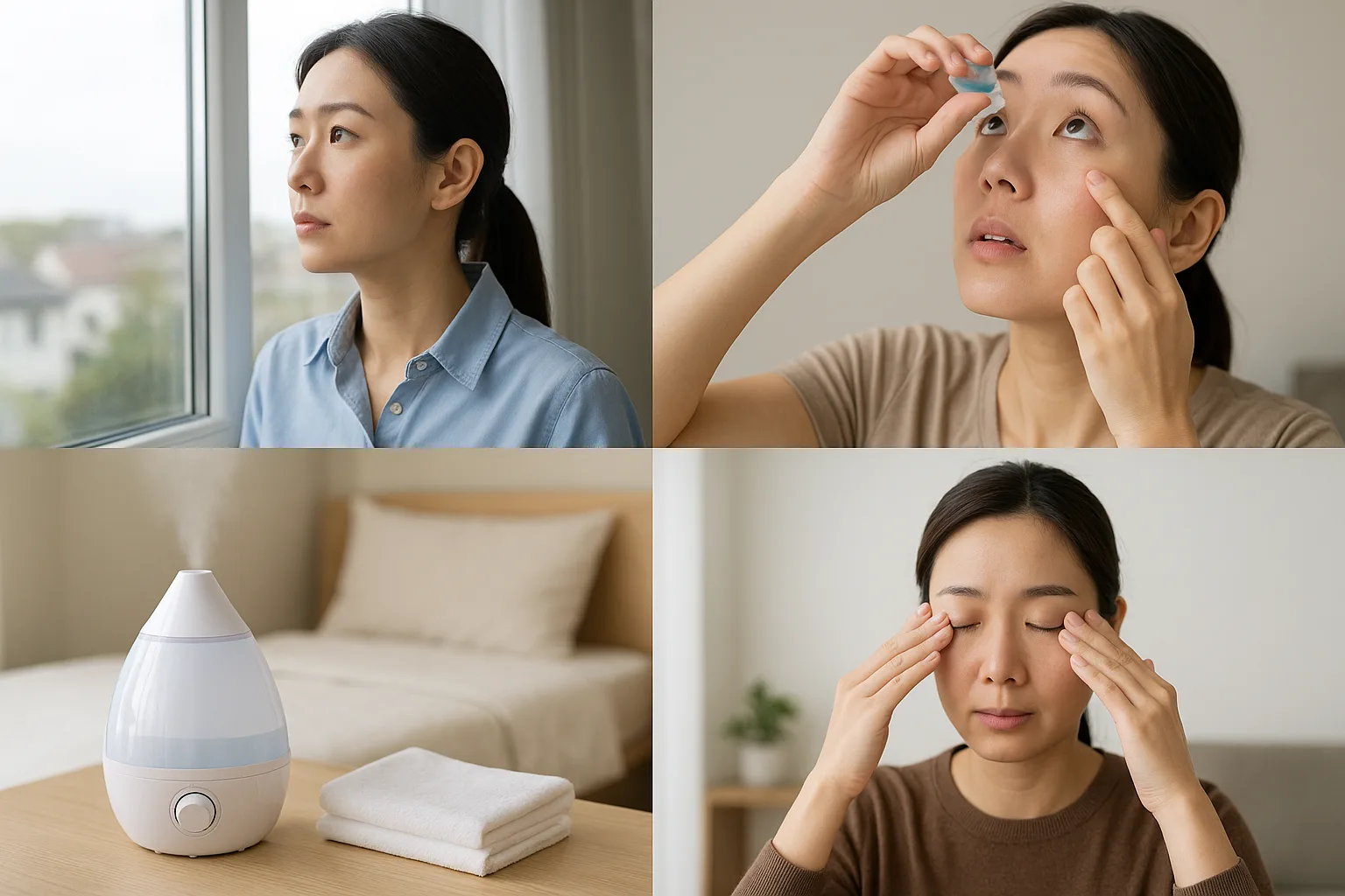 20-20-20 규칙을 실천하는 사람(멀리 바라보는 장면), 인공눈물을 사용하는 모습, 가습기를 방에 두는 장면, 눈 스트레칭 중인 모습