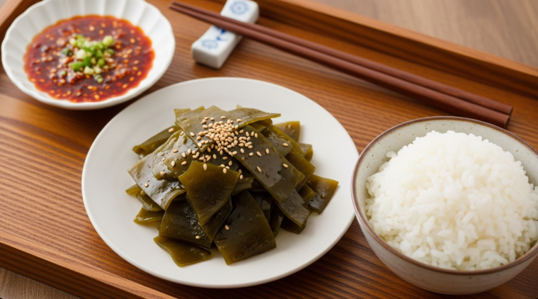 쫄깃하게 데친 다시마 숙회와 밥, 그리고 특제 양념장이 나무 트레이 위에 정갈하게 담겨있는 모습