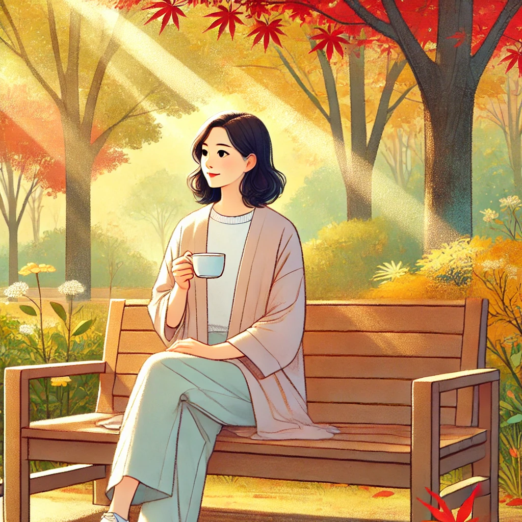 의자에 앉아 차를 마시고 있는 여인의 모습