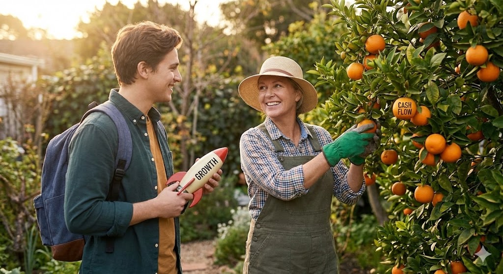 젊은이(로켓/성장)와 중년(나무/열매)이 서로 다른 투자 도구를 들고 마주 보며 웃고 있는 모습