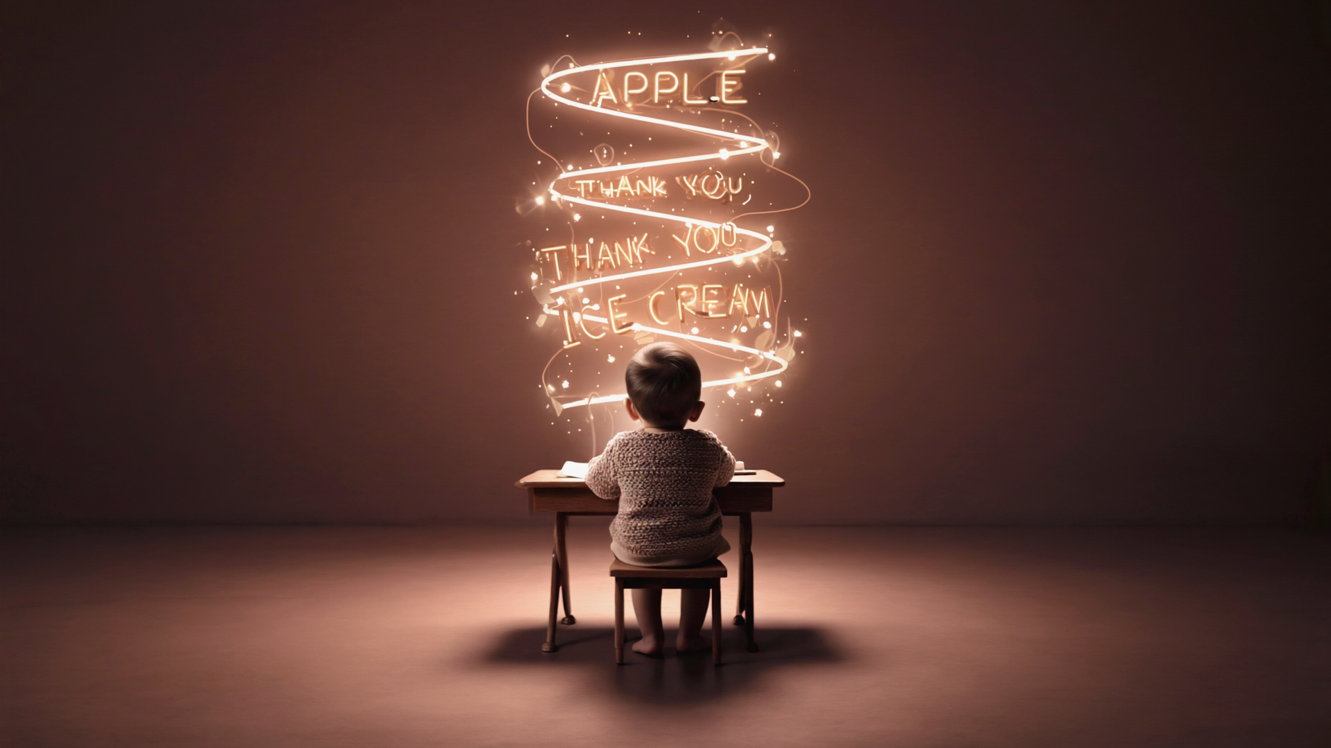 책상에 앉은 아이의 뒷모습 위로 APPLE, THANK YOU, ICE CREAM 같은 영어 단어들이 빛나는 네온 조명처럼 떠 있는 시네마틱한 이미지. 영어 학습의 상상력을 시각화한 장면.