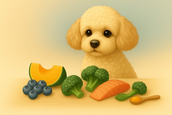 푸들 강아지가 **슈퍼푸드 재료 (브로콜리, 블루베리, 단호박, 연어, 강황 가루)**와 함께 등장한 모습
