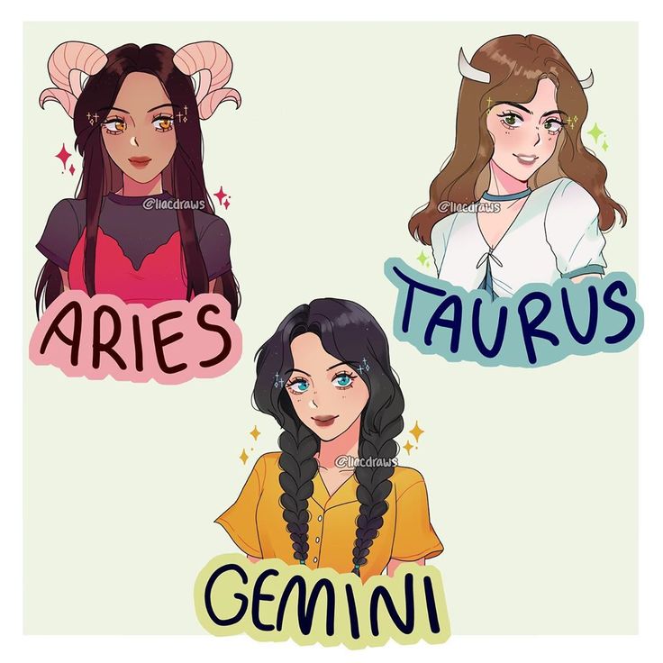 양자리, 황소자리, 쌍둥이자리 특징을 담은 소녀 일러스트들.
