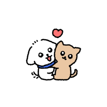 강아지와 고양이 캐릭터가 서로 안고 있는 이미지