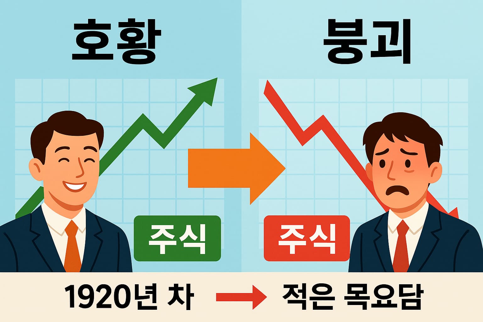 1920년대 주식 호황과 1929년 검은 목요일 폭락을 비교해 금융 붕괴와 투자 교훈을 시각화한 이미지