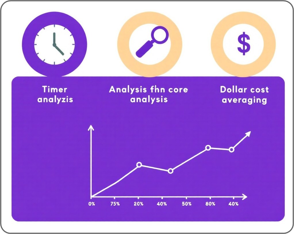 분할 매수, 핵심 분석, 타이밍 전략을 표현한 보라색 계열 투자 인포그래픽