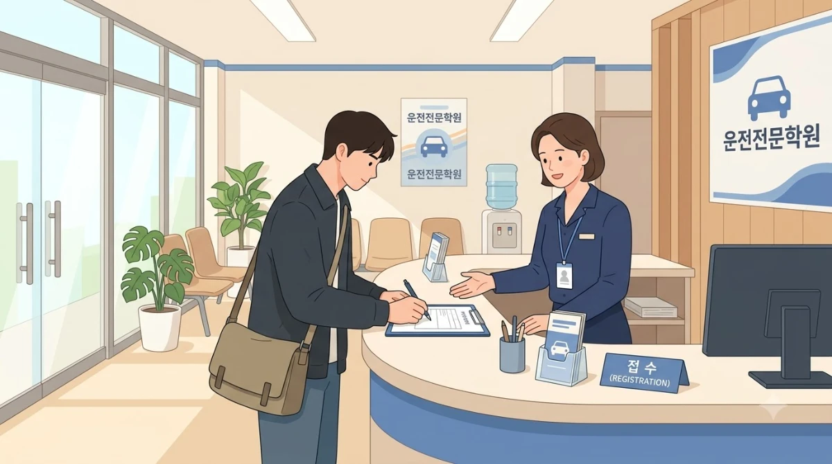한국인 젊은 남성이 운전학원 상담 데스크에서 직원과 등록 절차를 상의하며 서류를 작성하는 장면.