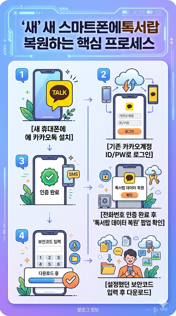 [새 휴대폰에 카카오톡 설치] ➡️ [기존 카카오계정 ID/PW로 로그인] ➡️ [전화번호 인증 완료 후 '톡서랍 데이터 복원' 팝업 확인] ➡️ [설정했던 보안코드 입력 후 다운로드]