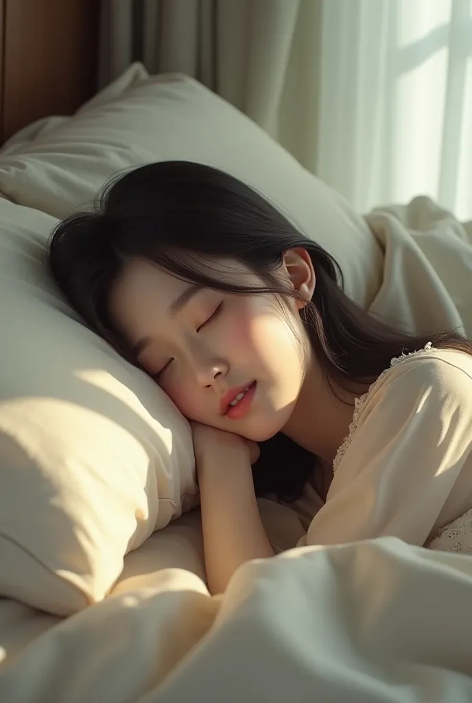 고요하고 평화로운 소녀의 수면&amp;#44; 부드러운 자연광&amp;#44; 부드러운 그림자&amp;#44; 아늑한 침대&amp;#44; 섬세한 특징&amp;#44; 편안한 표정&amp;#44; 따뜻한 톤&amp;#44; 친밀한 분위기&amp;#44; 아침 햇살&amp;#44; 차분하고 평온함