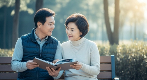 중년 남녀가 나란히 앉아 서로의 그림을 보며 웃는 모습