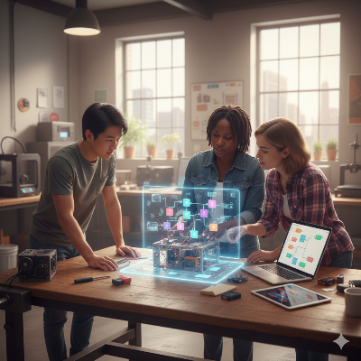 밝은 작업실에서 세 명의 젊은 개발자(남성 1명, 여성 2명)가 나무 작업대 위에서 물리적인 하드웨어 장치 위에 띄워진 홀로그램 인터페이스로 로우코드 블록 다이어그램을 조작하고, 노트북으로 개발 환경을 확인하는 모습