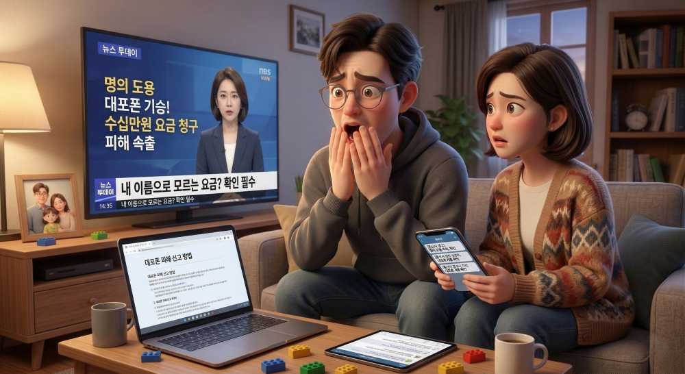 명의도용 뉴스를 보고 놀란 표정을 표현한 캐릭터 이미지