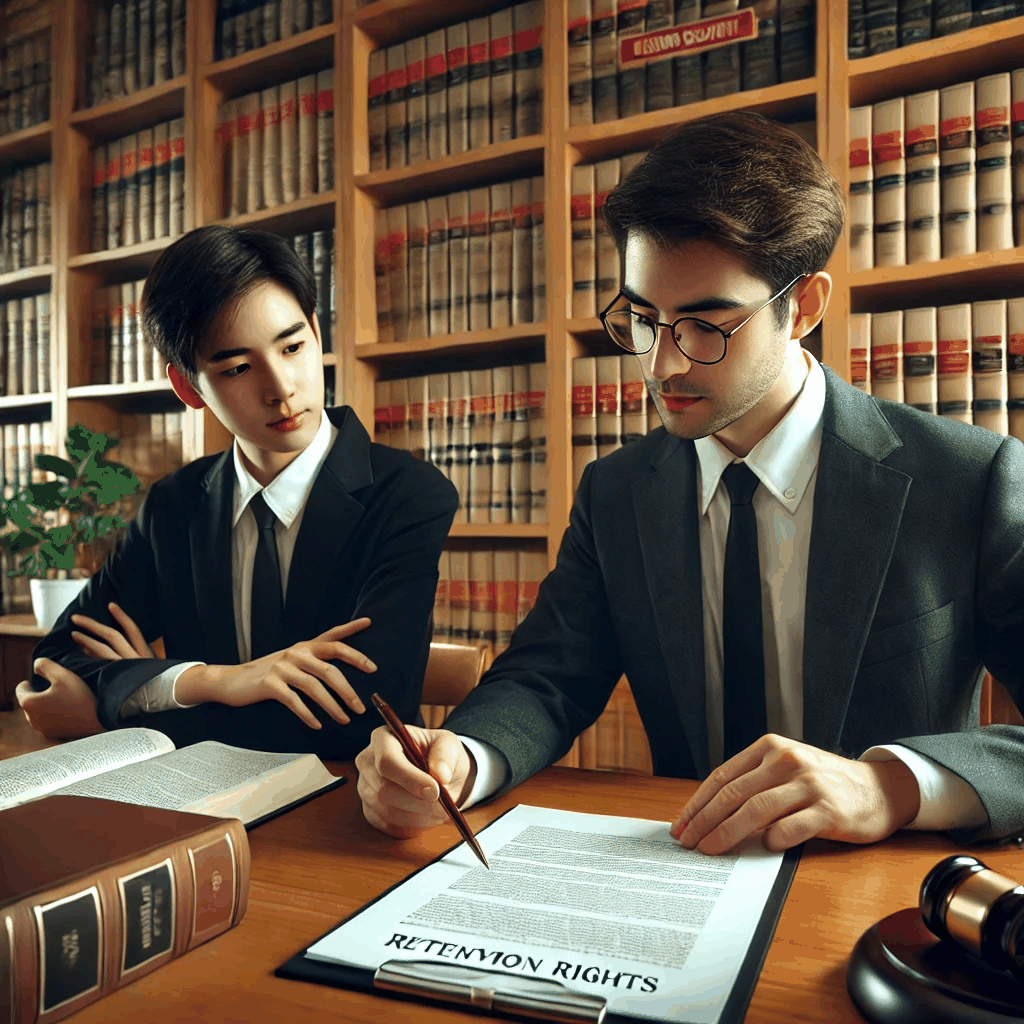 법률 사무실에서 변호사가 대학생에게 유치권 관련 문서를 설명하는 장면