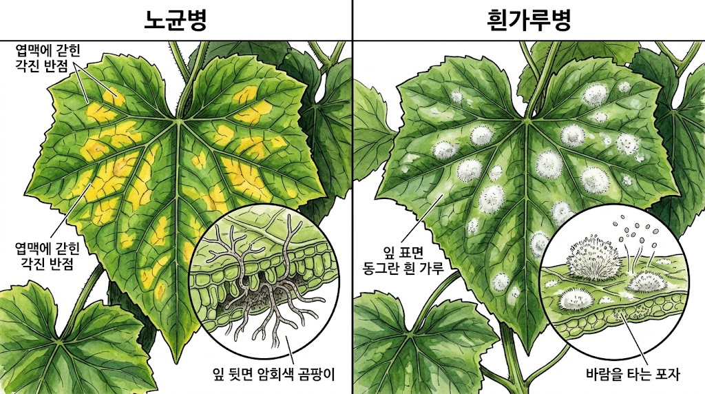 오이 노균병 구분 및 흰가루병 병반 차이 약도